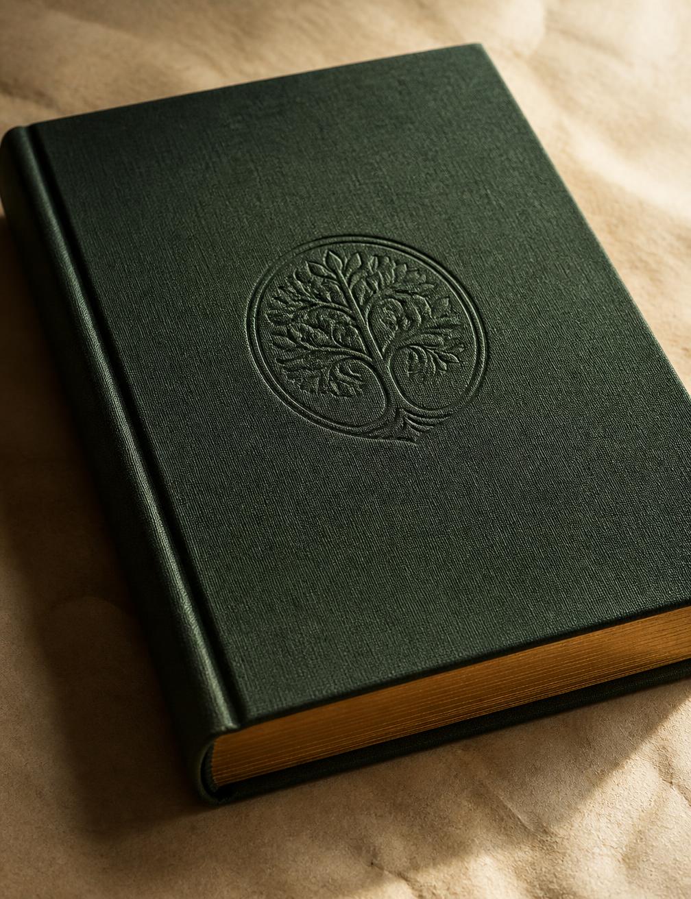 A cloth-bound book with an embossed emblem