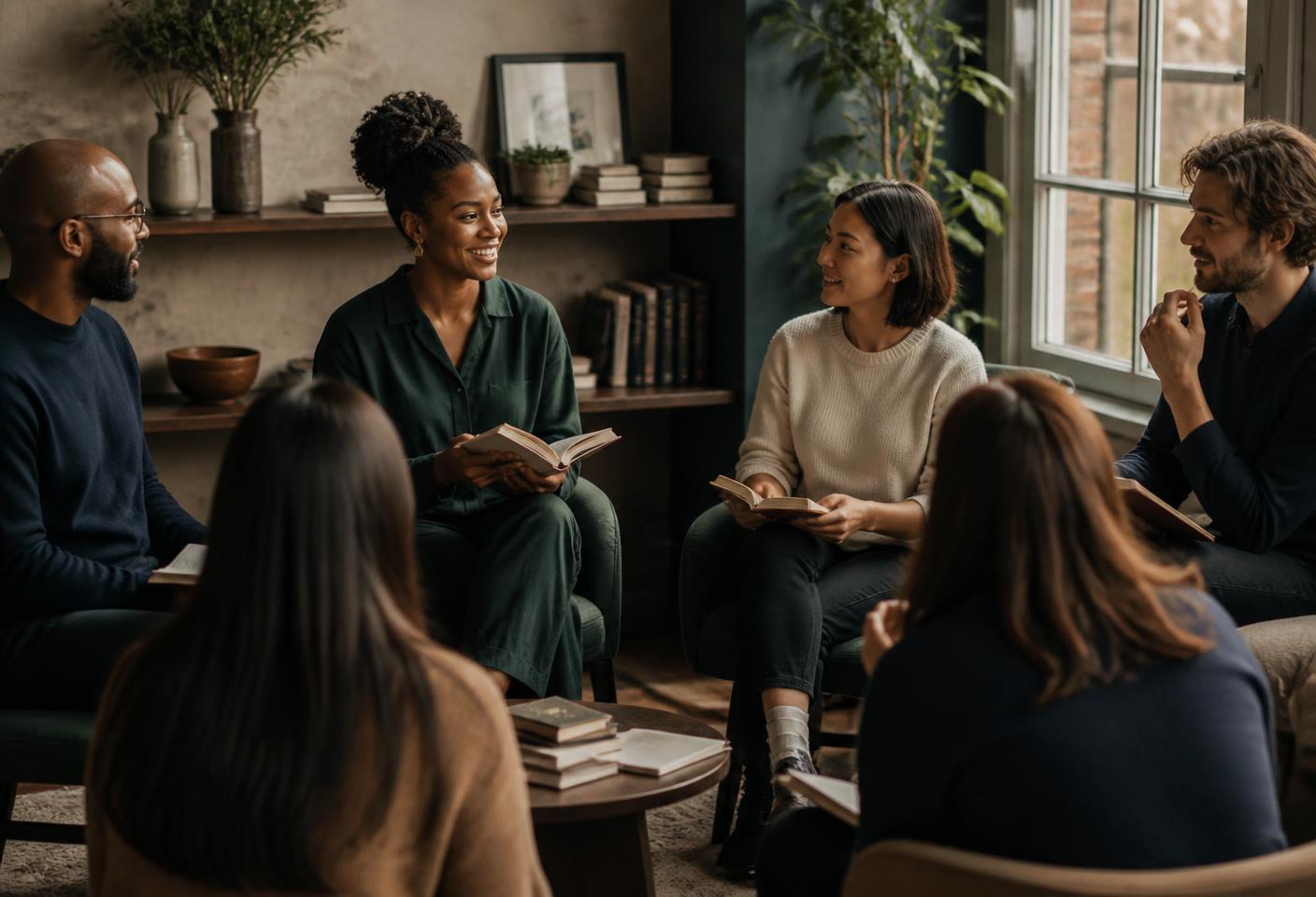 Members of a reading community in conversation, books in hand